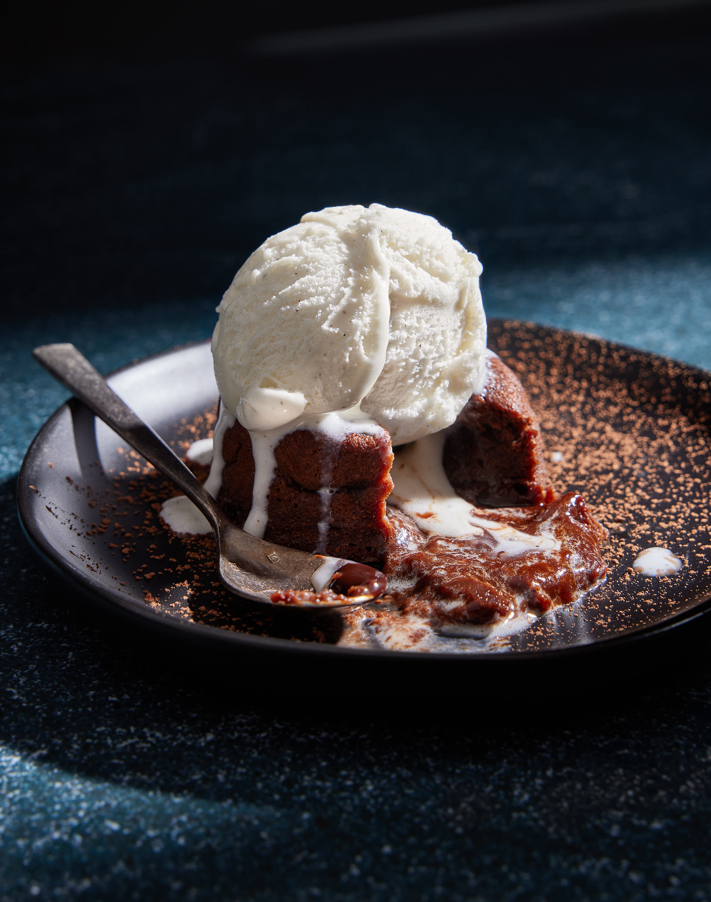 warm molten lava chocolate cake with vanilla bean ice cream by alyssa wernick food stylist styling dallas tx