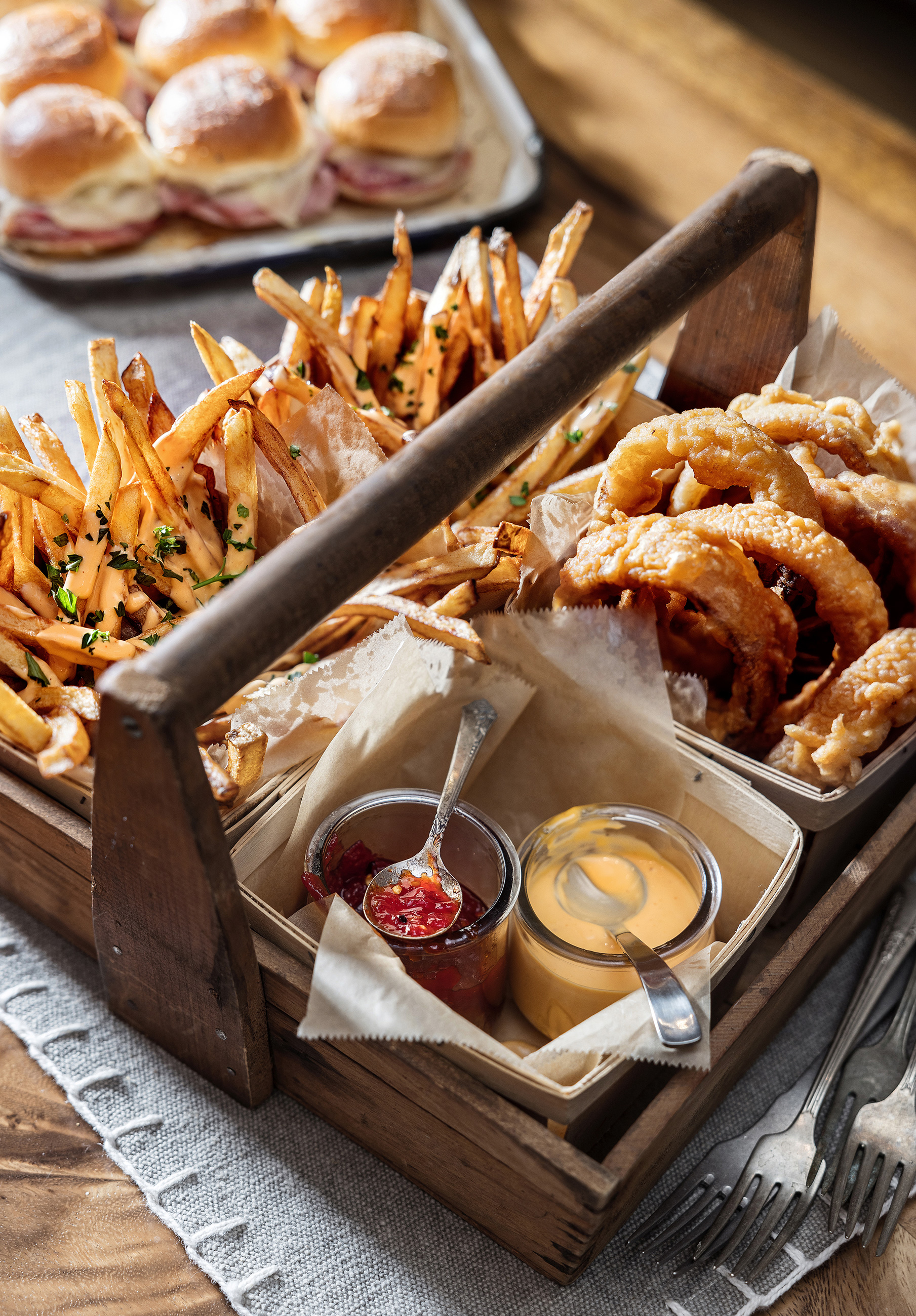 french fries and tempura onion rings with remoulade alyssa wernick food stylist styling dallas tx