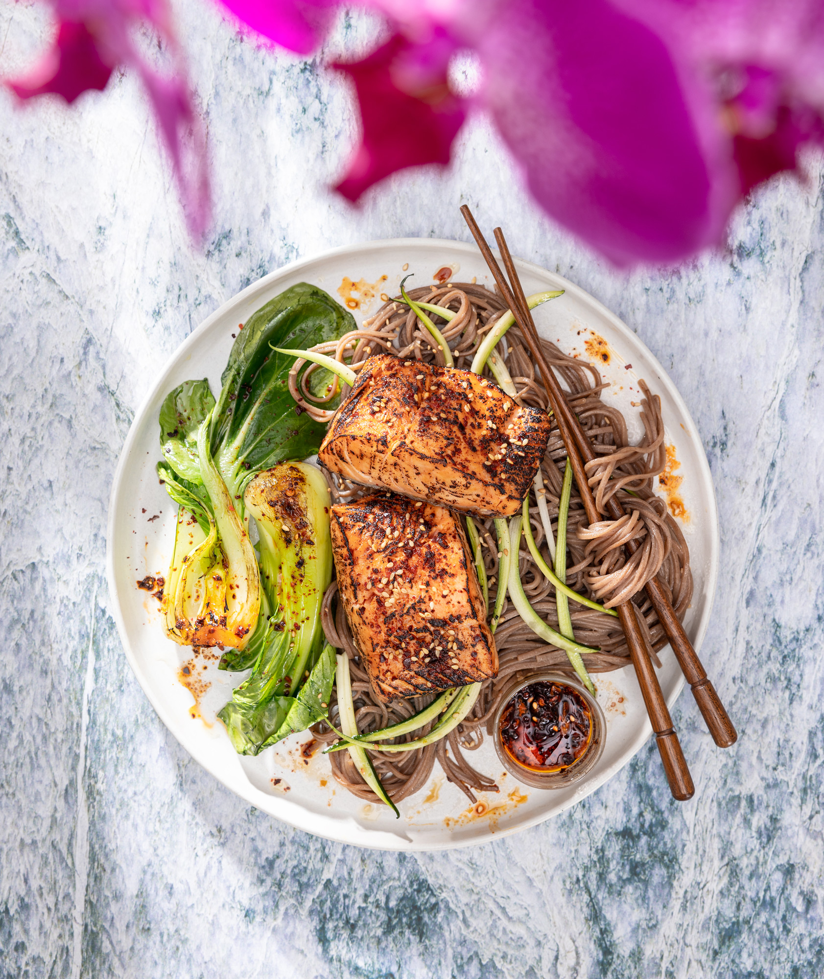 salmon with soba noodles and bok choy alyssa wernick food stylist styling dallas tx